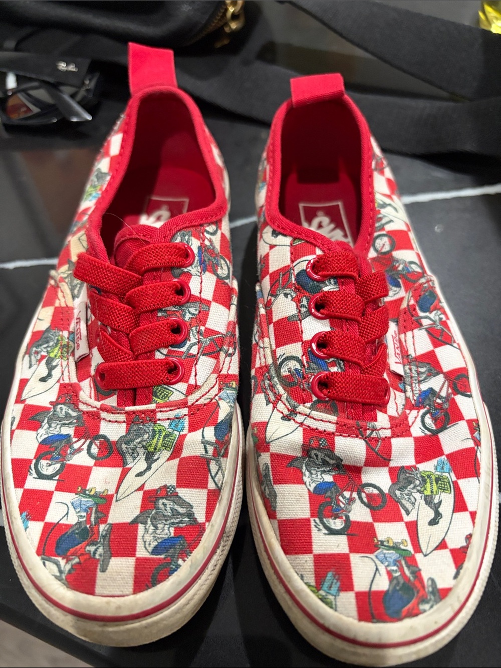Vans Kids Red Checkerboard Motorcycle Print Sneakers,easy slip on no ties